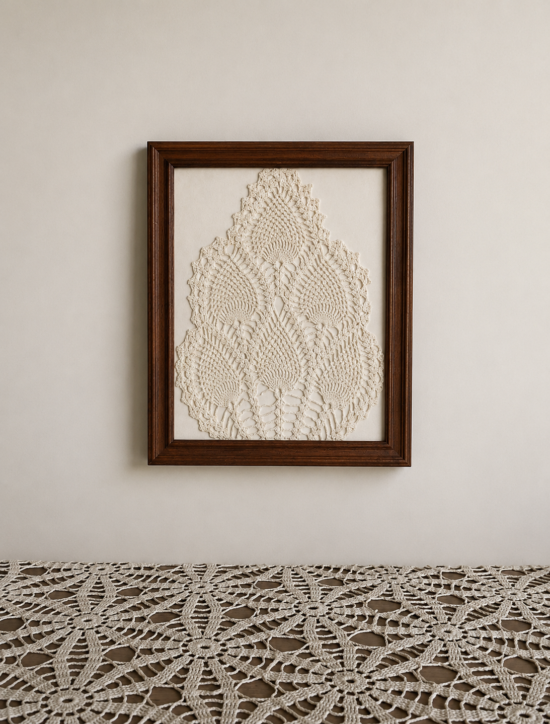 Vintage Framed Peacock Shaped Doily