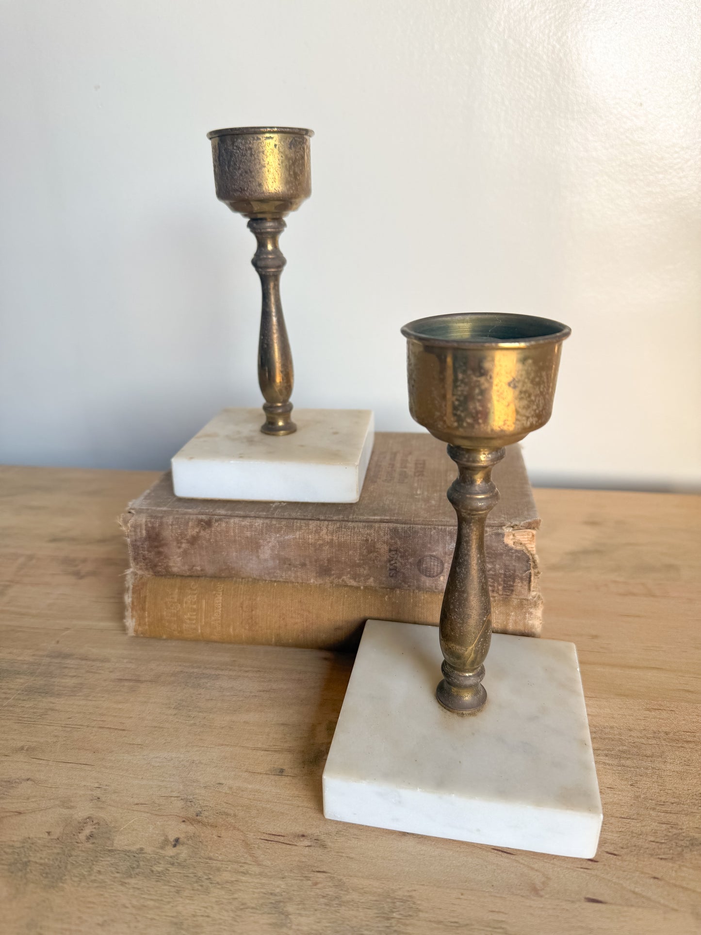 Pair of 6.5” Marble Based Brass Candlesticks