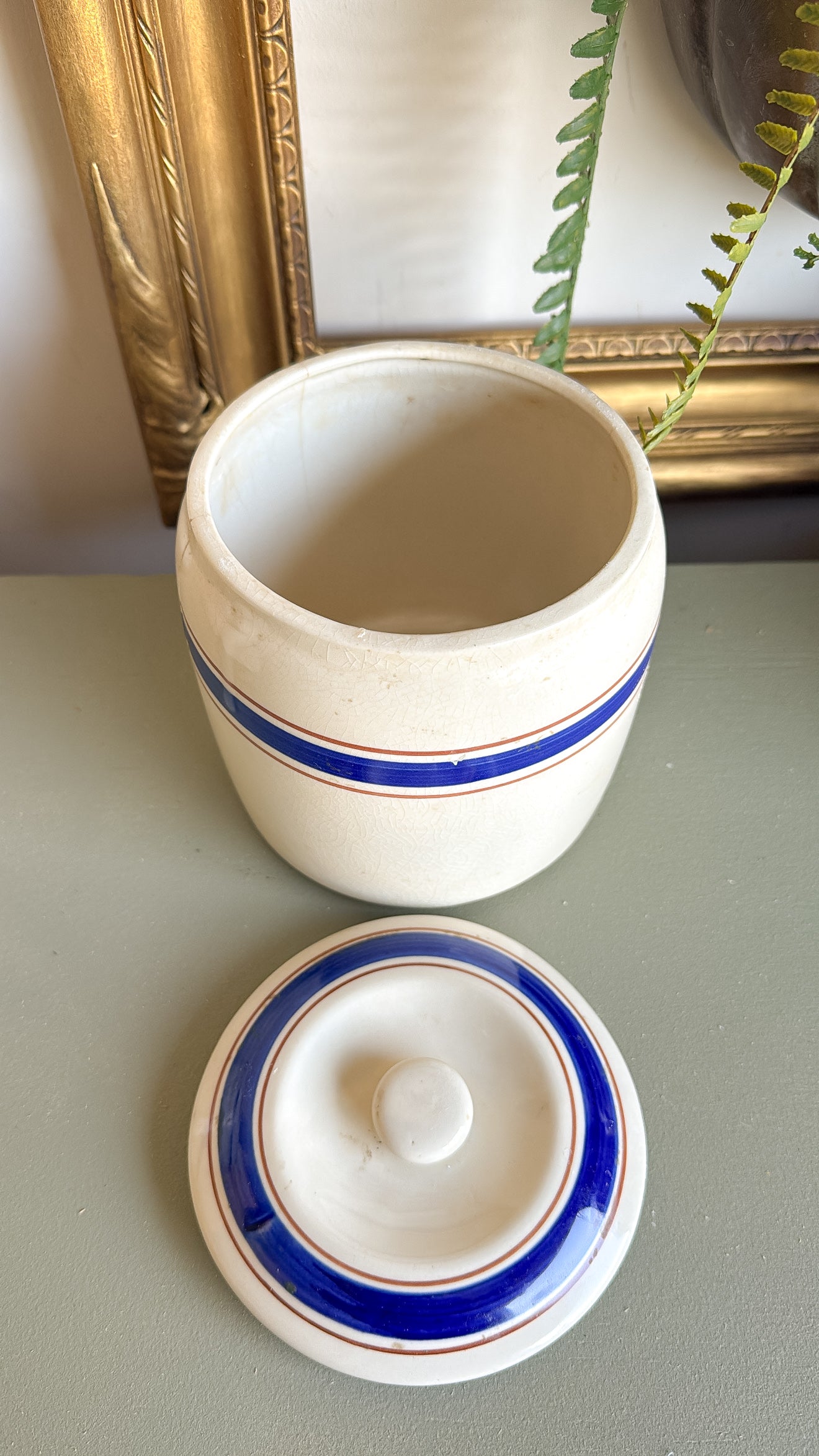 6” Tall Striped Crock w/ Lid