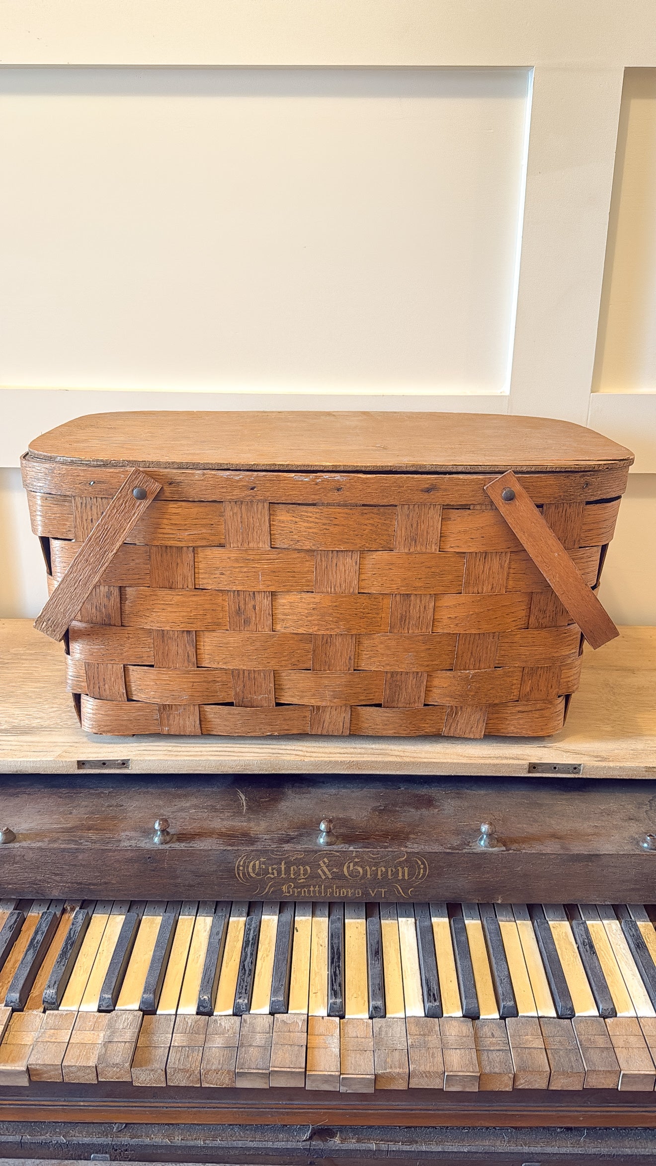 Vintage Woven Wood Picnic Basket