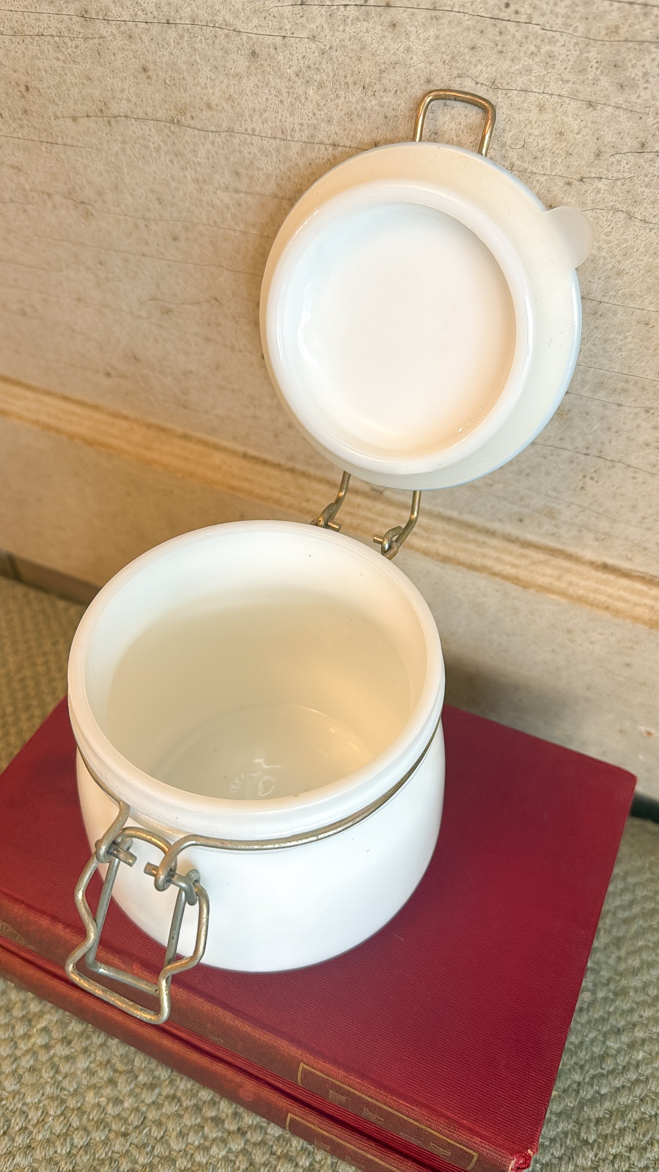 Vintage Milk Glass Latch Closure Jar