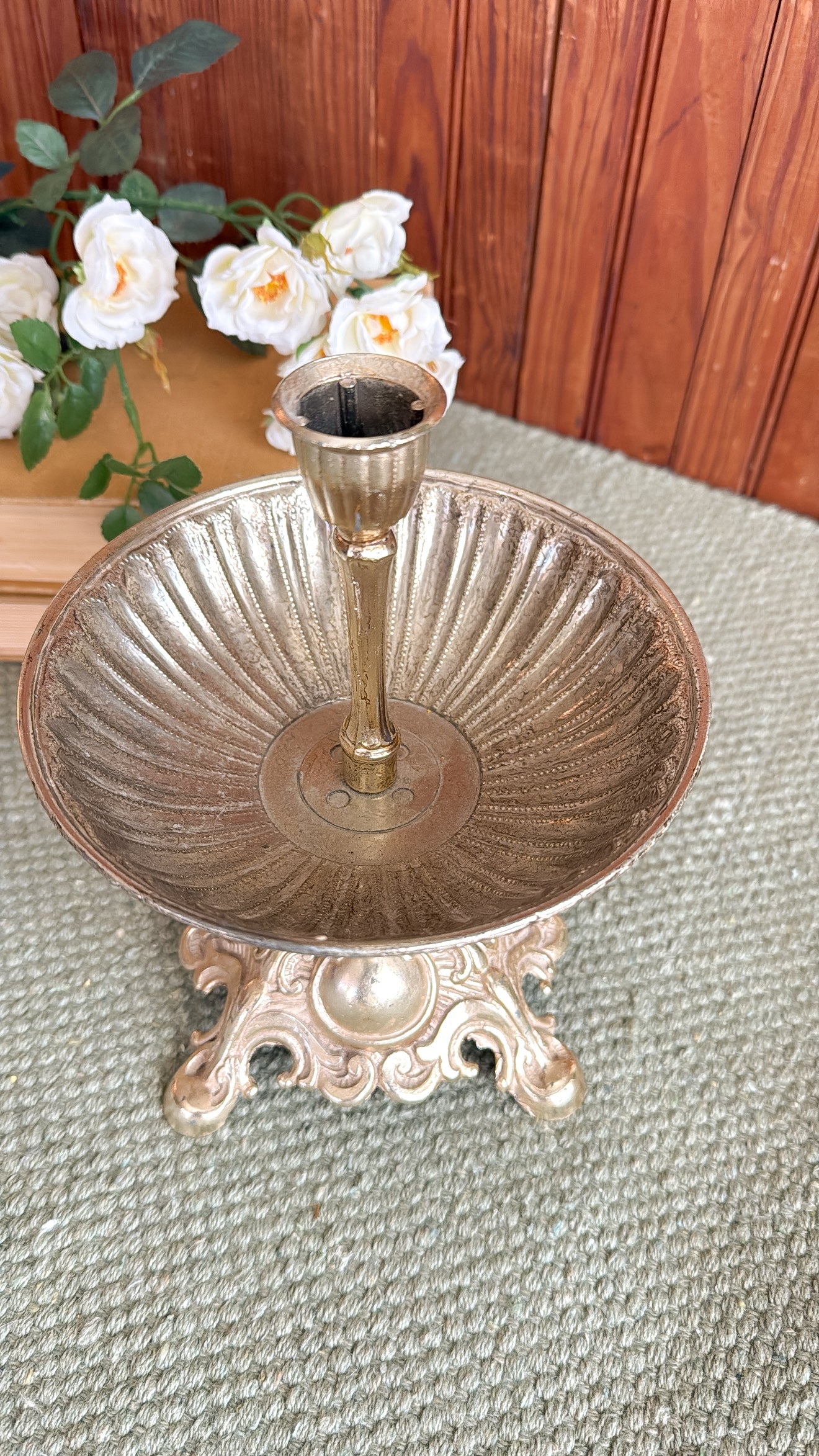 Mid Century Baroque Cast Aluminum Candle Holder