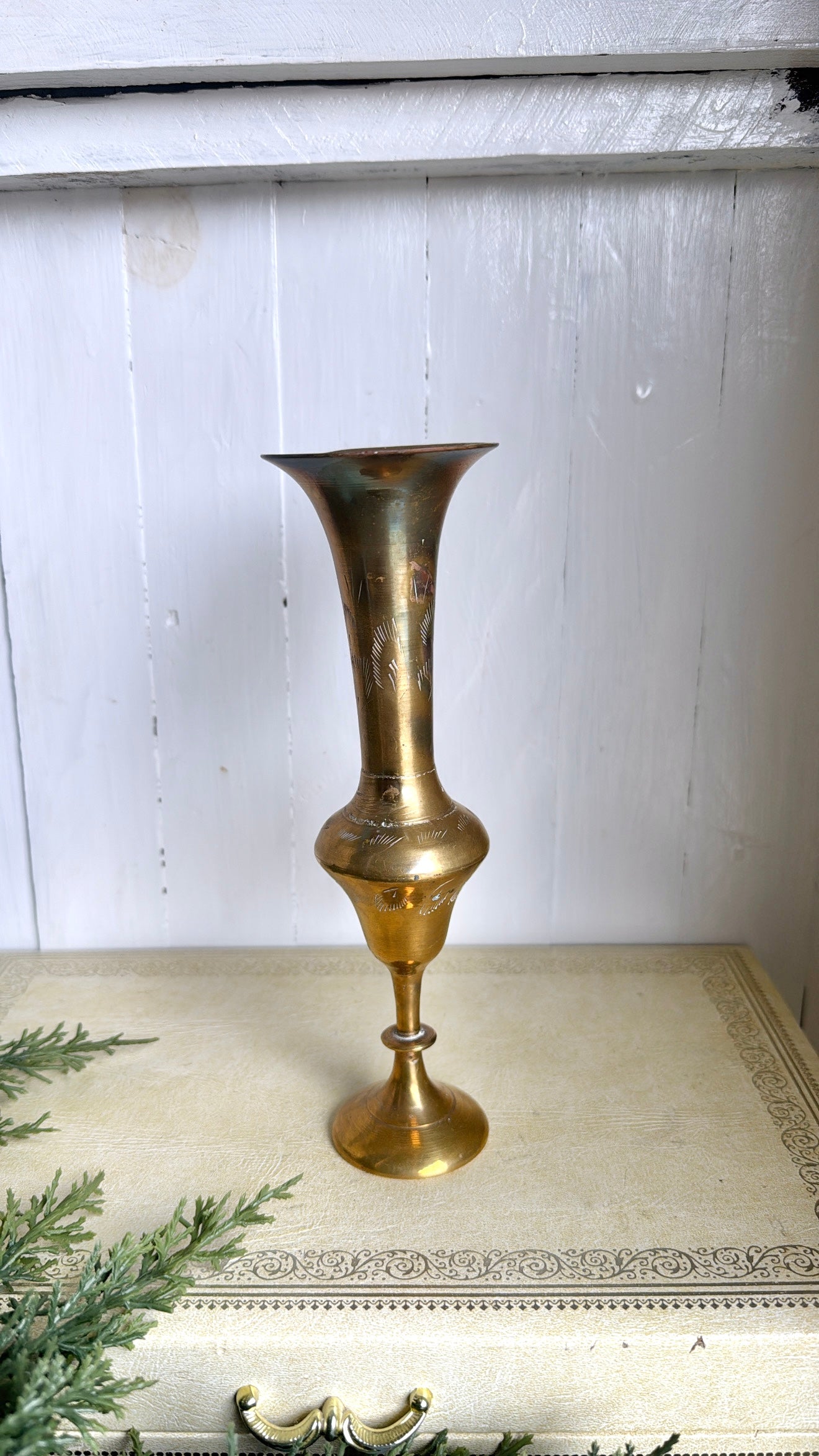 8.25” Tall Brass Etched Vase