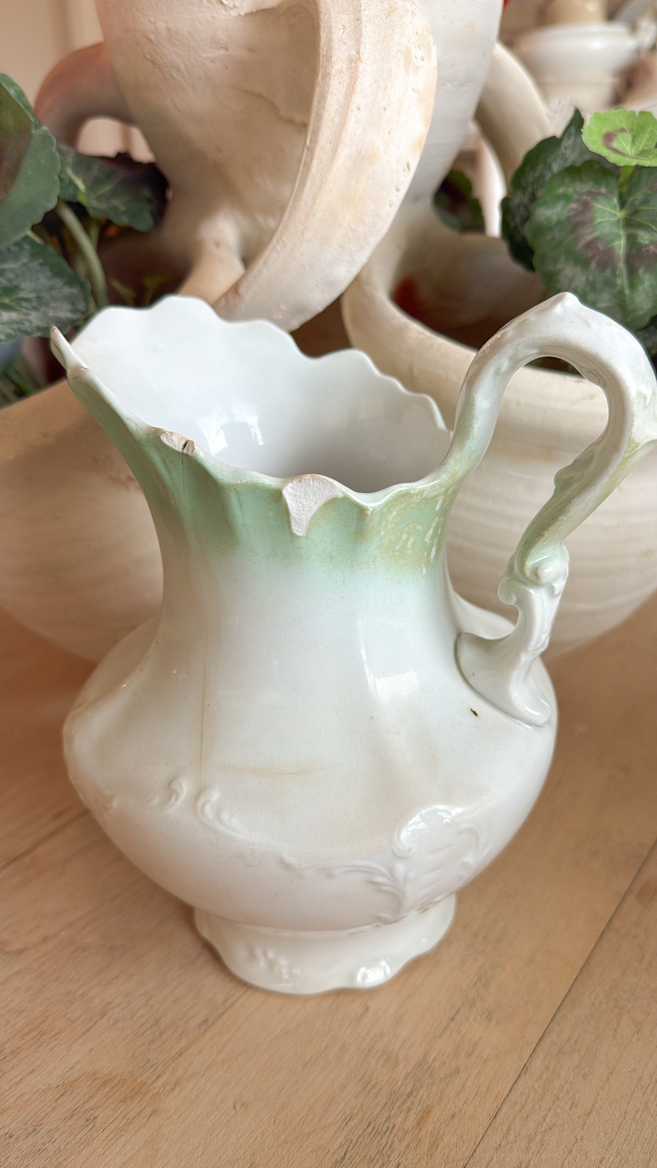 Ironstone Pitcher w/ Faded Green Detail