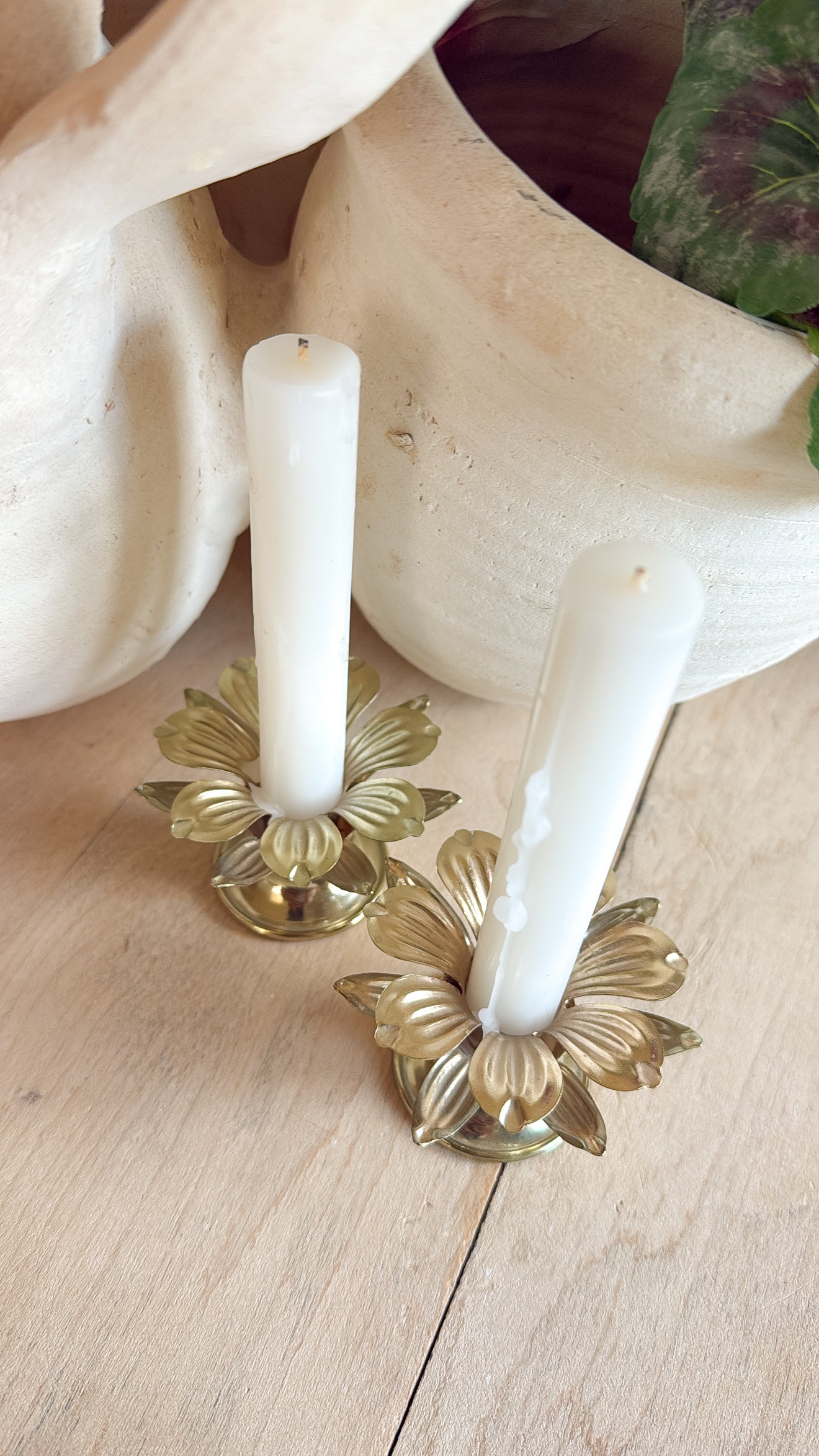 Pair of Brass Flower Shaped Candlesticks