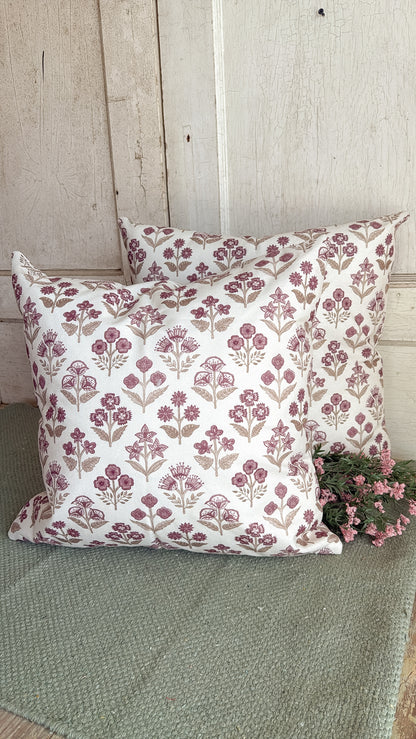 Pair of Muted Pink and Taupe Floral Block Pillows