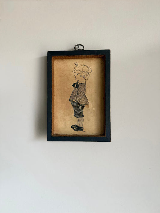 Vintage Boy with Bird Sketch Print