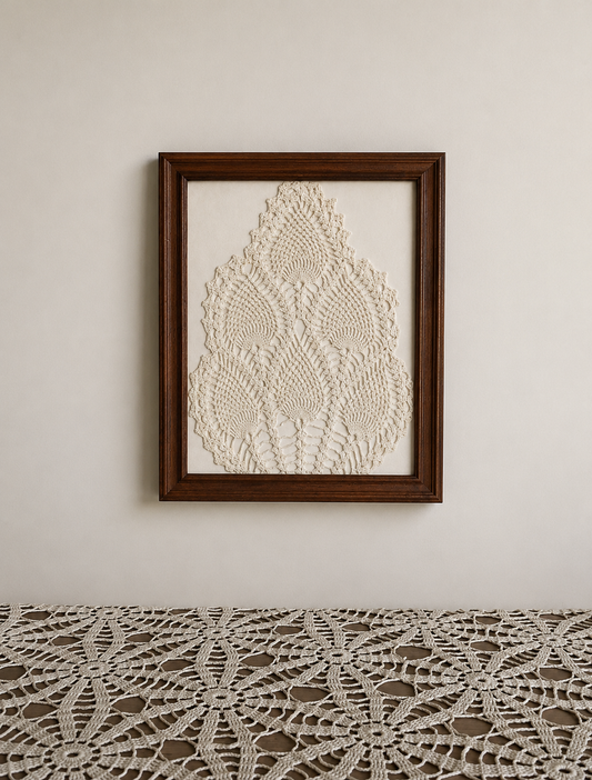 Vintage Framed Peacock Shaped Doily