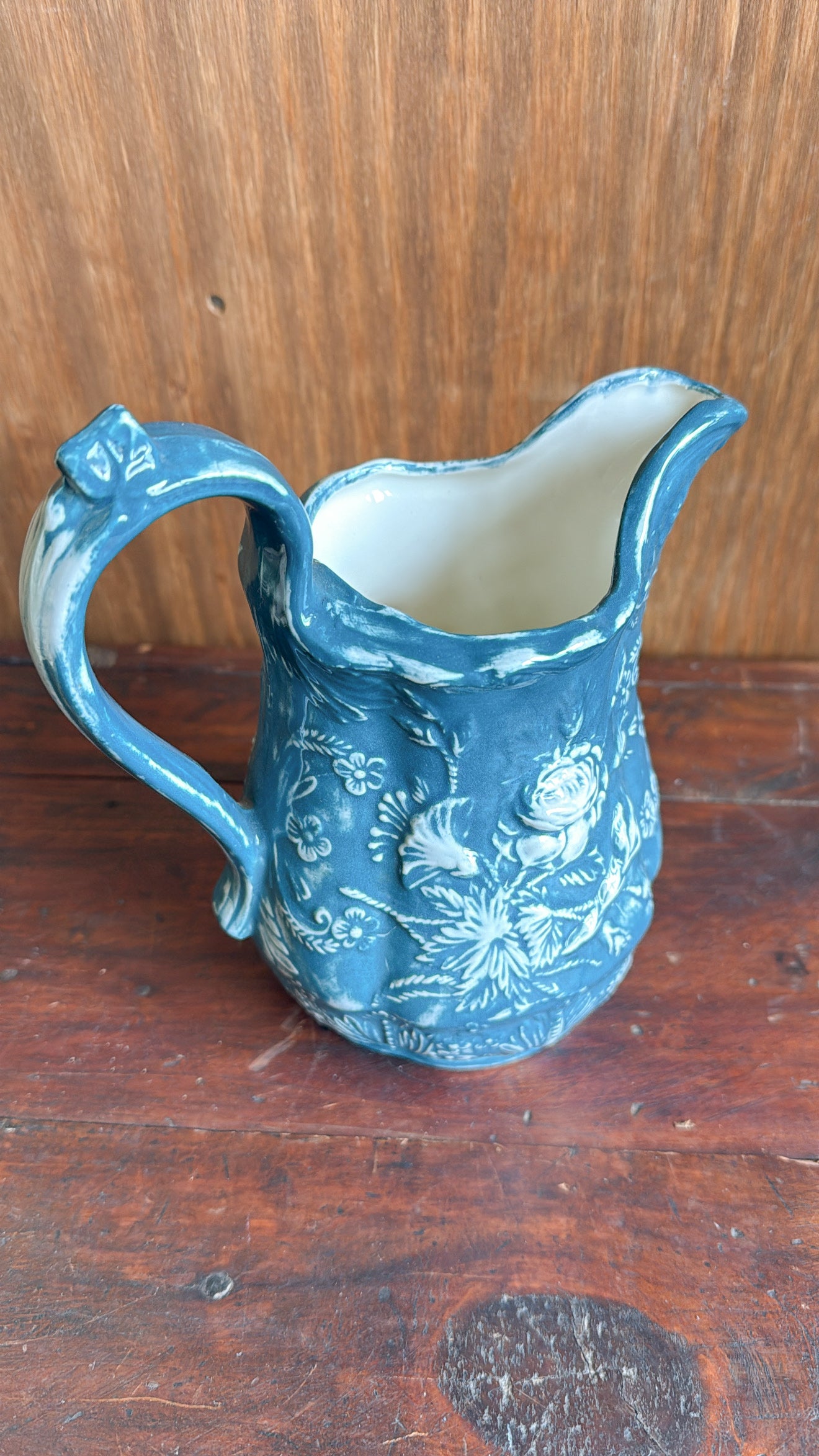 Vintage Blue Ceramic Floral Pitcher