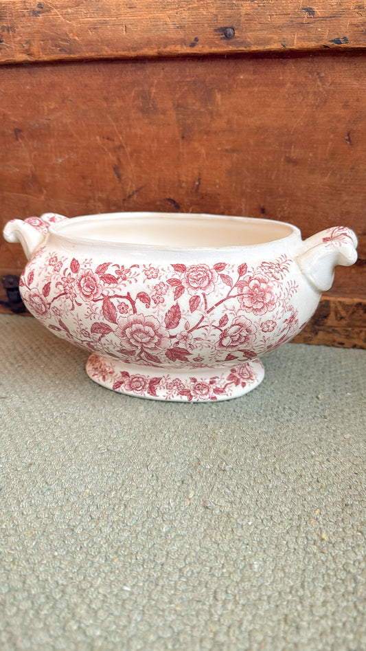 Red & White Floral Ironstone Tureen