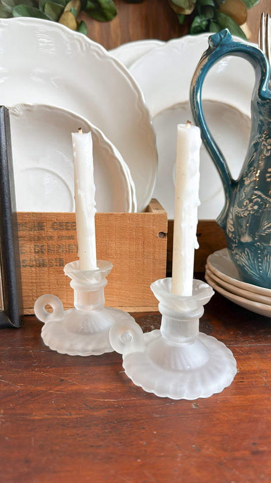 Pair of Mini Frosted Candlesticks w/ Dripping Candles