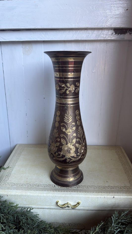 10.5” Tall Brass Pewter Etched Vase