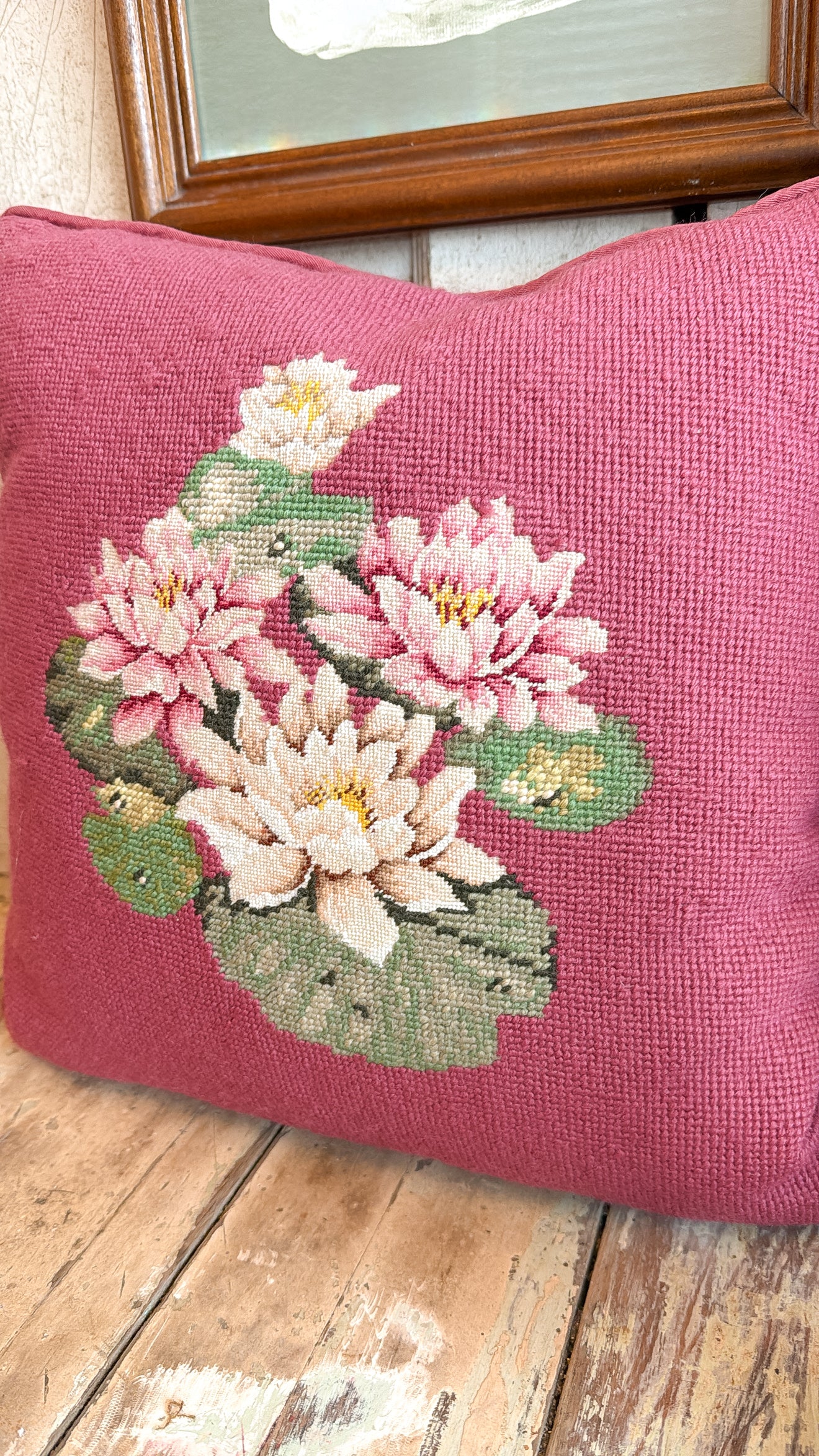 Cross-stitch Pink Lotus Flower Pillow