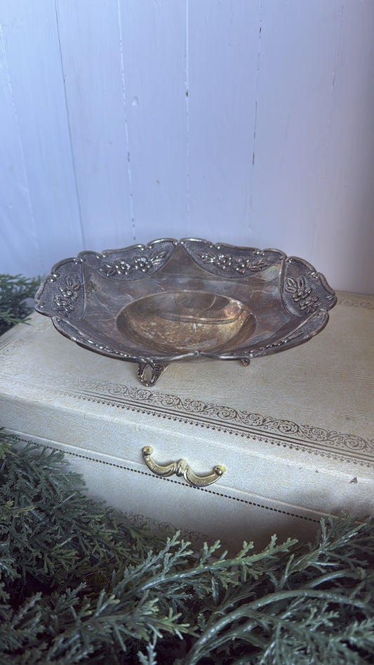 Silver Pedestal Floral Etched Bowl