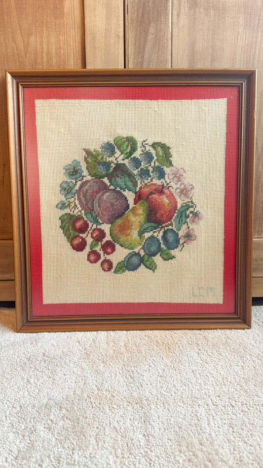 Framed Cross-stitched Fruit (#1)
