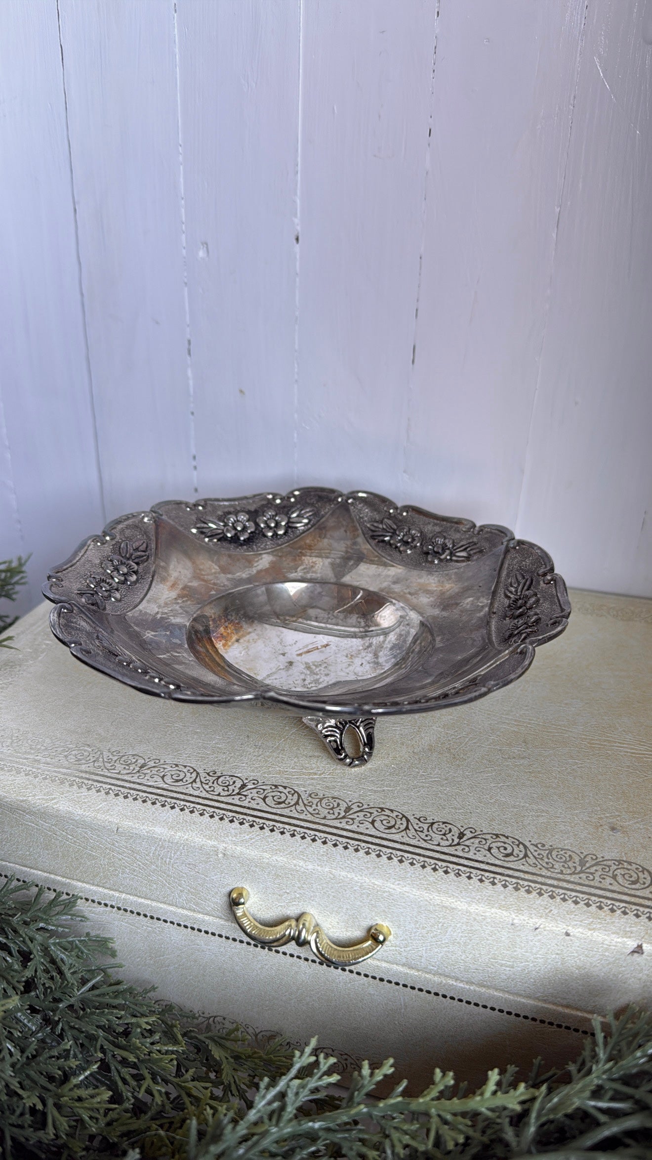 Silver Pedestal Floral Etched Bowl