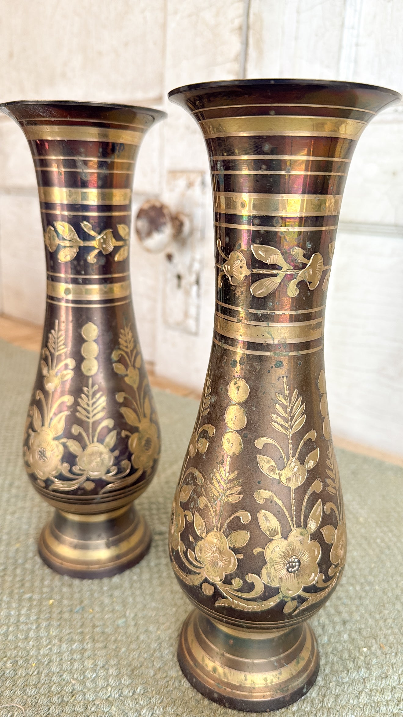 Vintage Solid Brass Floral Etched Vase | Black and Gold