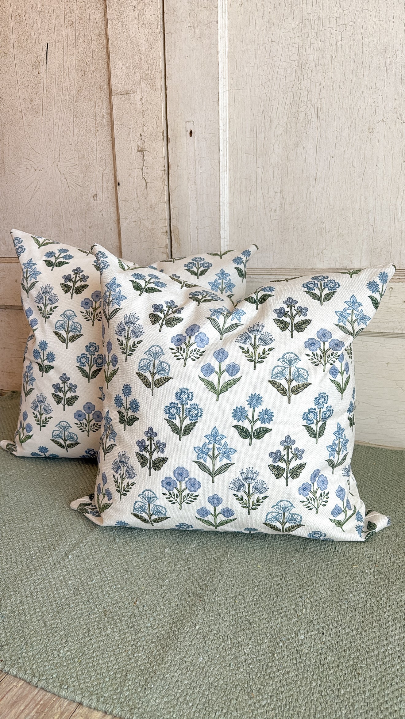 Pair of Blue and Green Floral Block Pillows