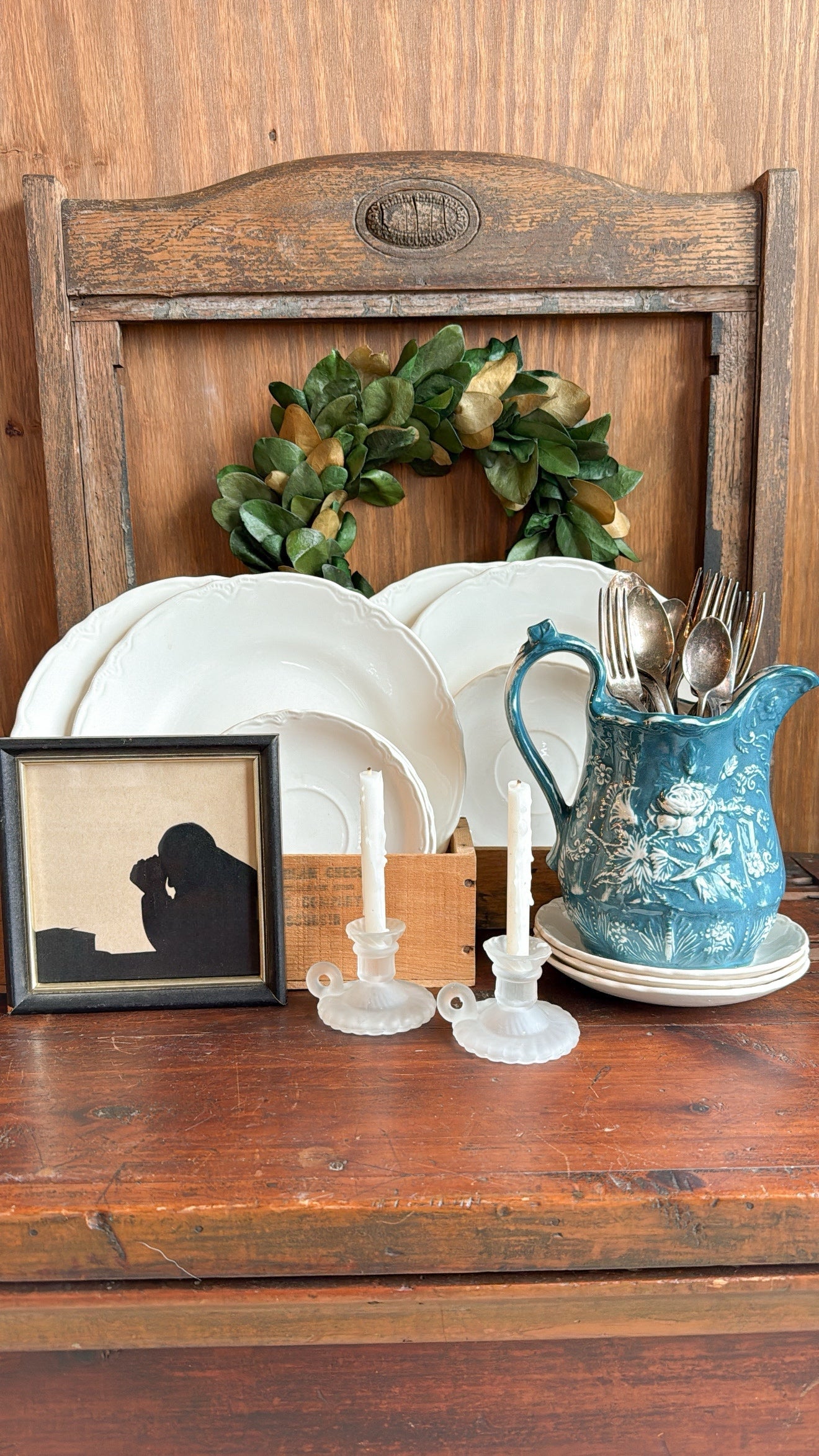 Vintage Blue Ceramic Floral Pitcher