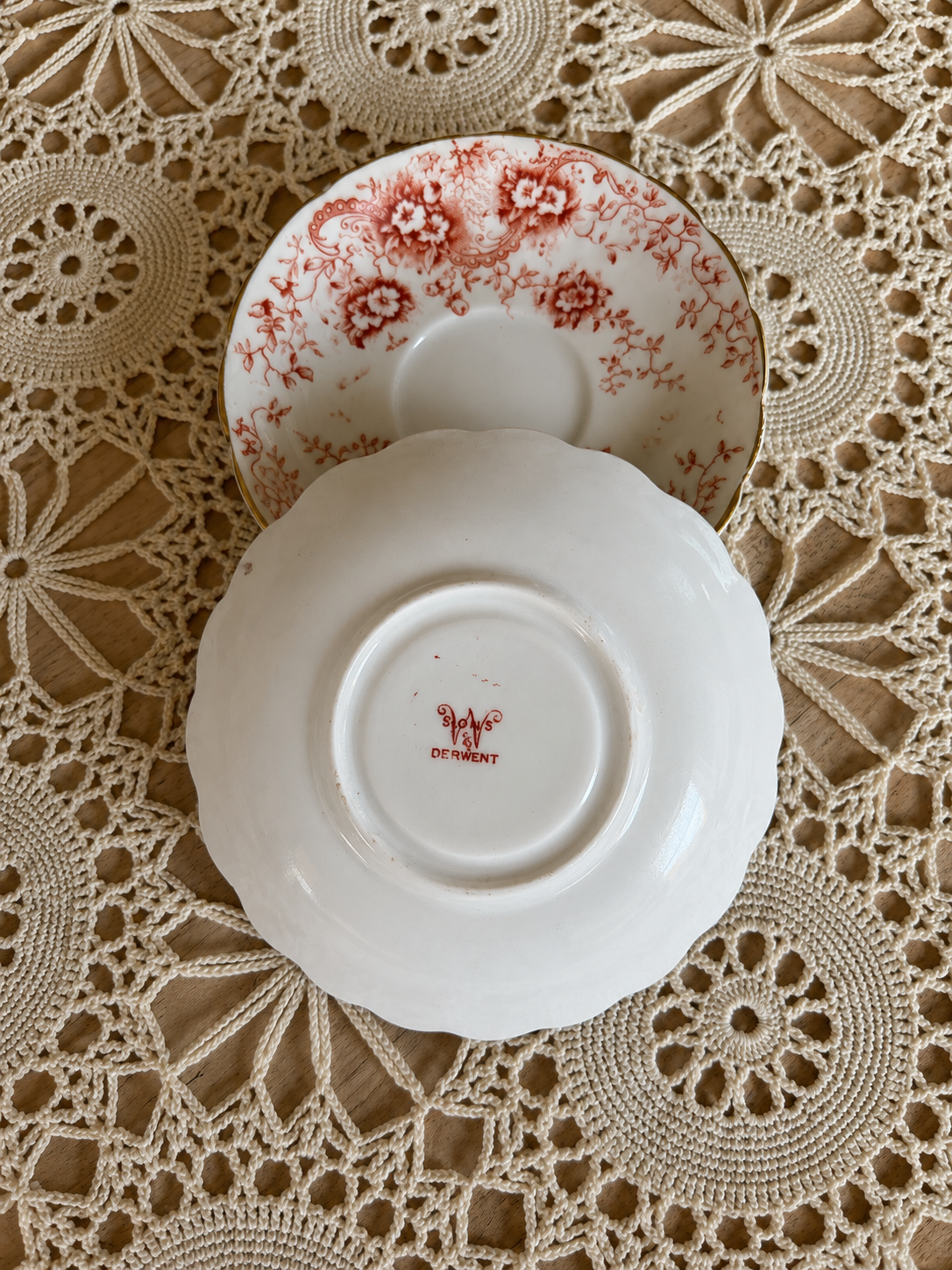 Pair of Red Transferware Saucers