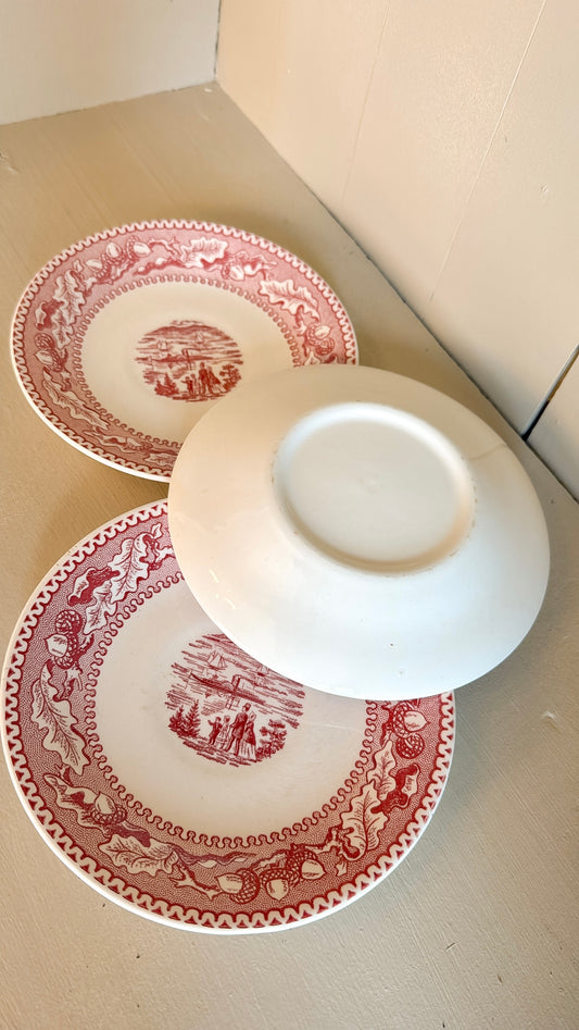 Red & White Ironstone Saucers