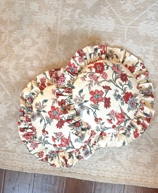 Pair of Floral Round Ruffled Pillows