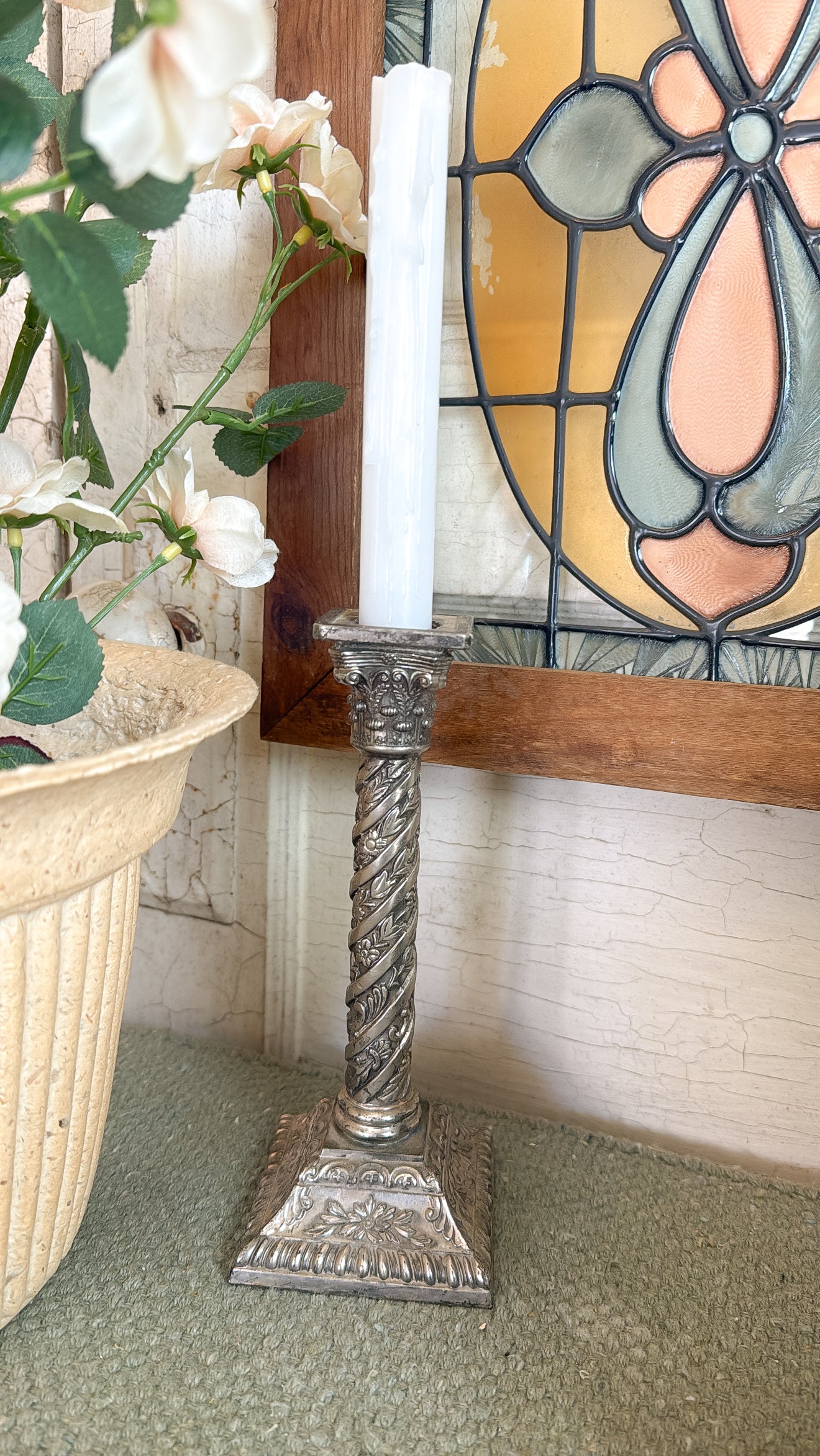 Silver Floral Etched Candlestick