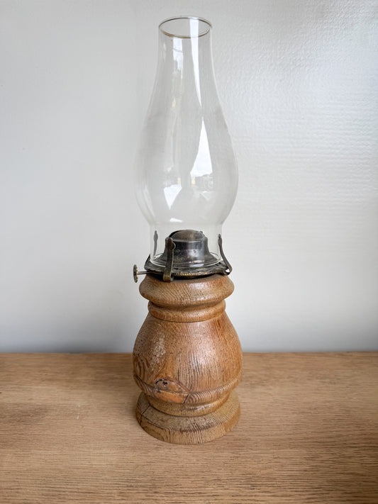 Vtg. Wooden Base Oil Lamp