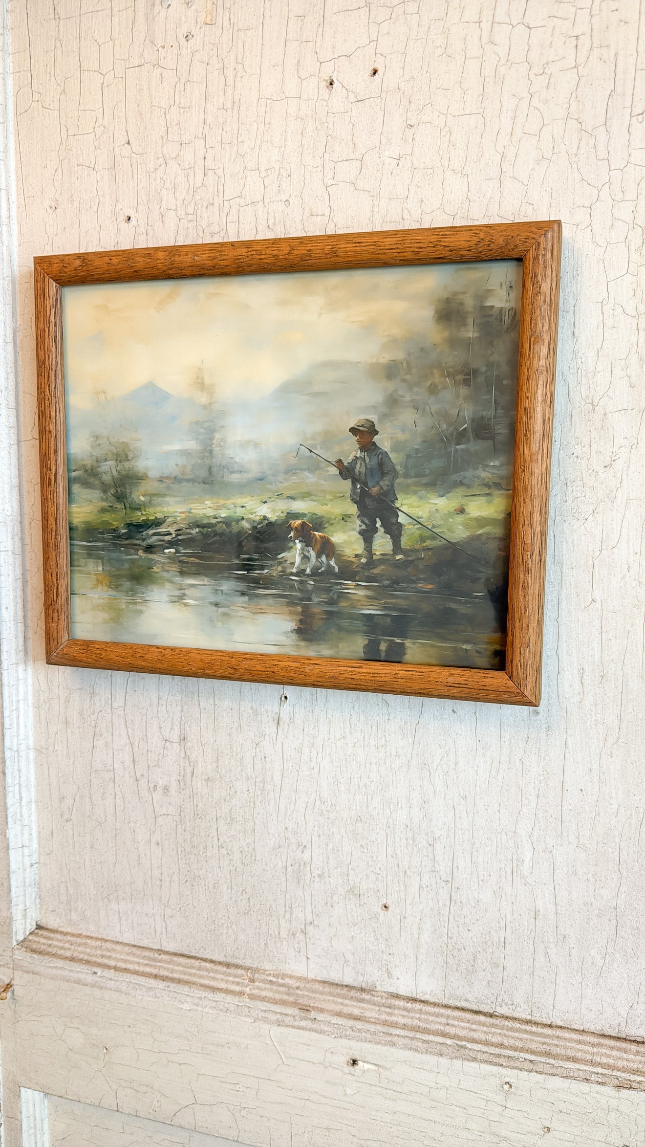 Vint. Boy Fishing w/ Dog Print