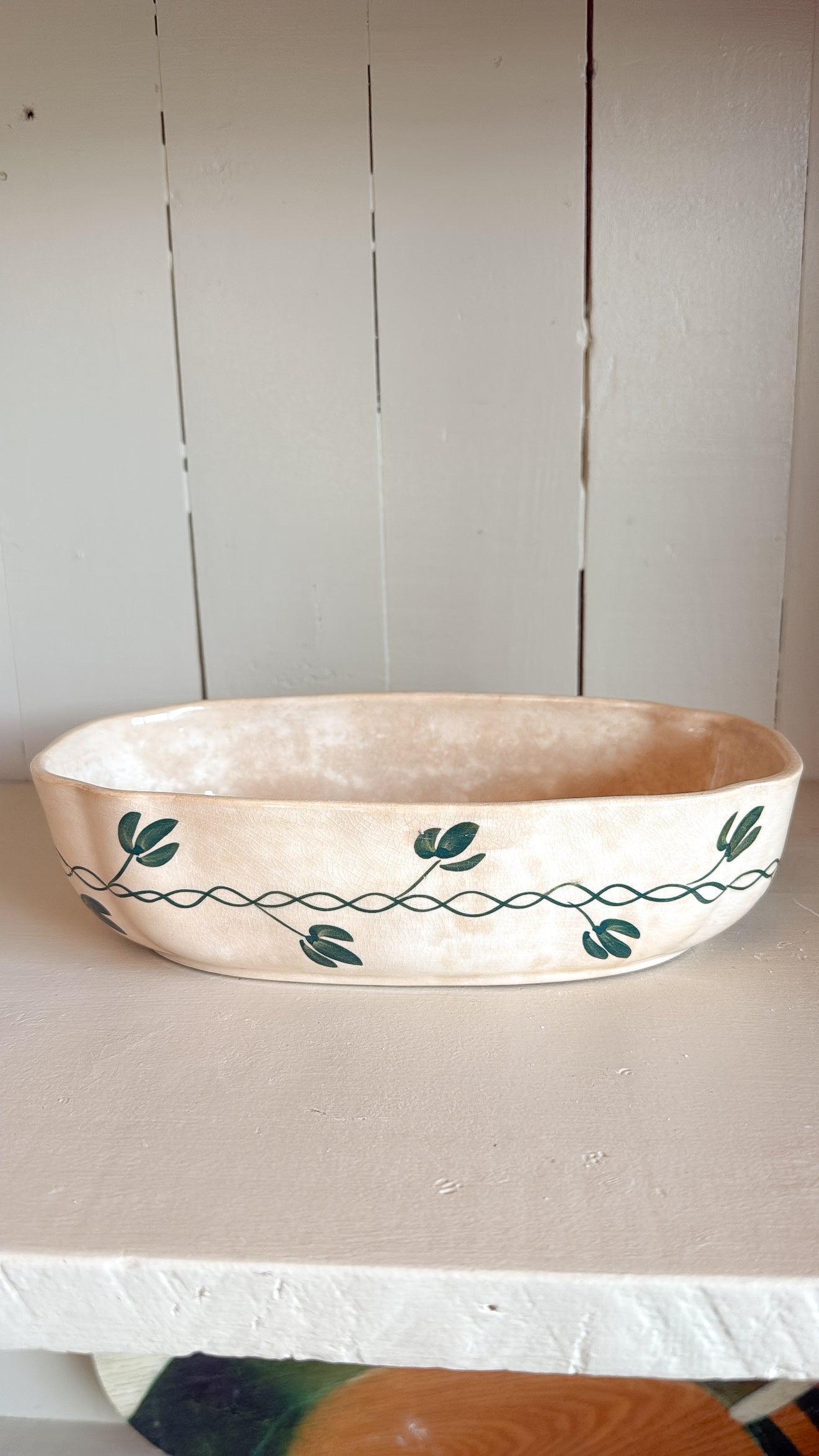 Vintage Crazed Planter w/ Green Floral Detail