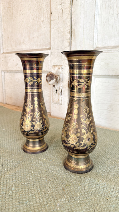 Vintage Solid Brass Floral Etched Vase | Black and Gold