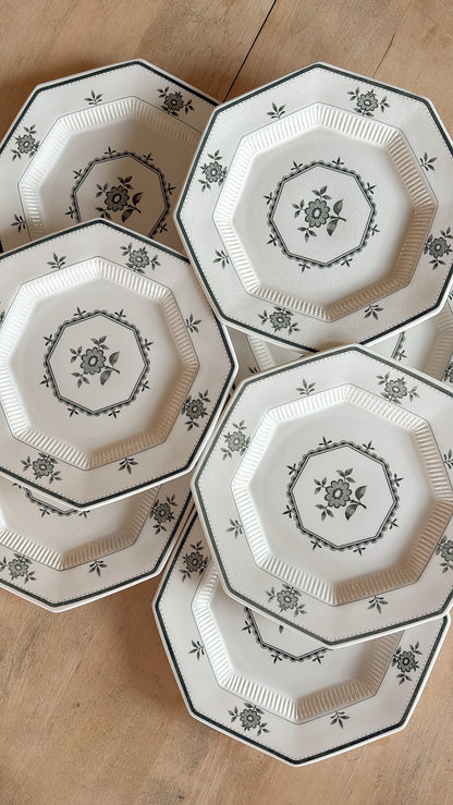 10.5” Green Octagonal Floral Ironstone Plate