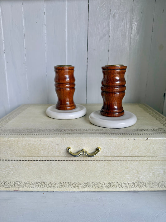 4” Tall Pair of Wood & Marble Candlesticks