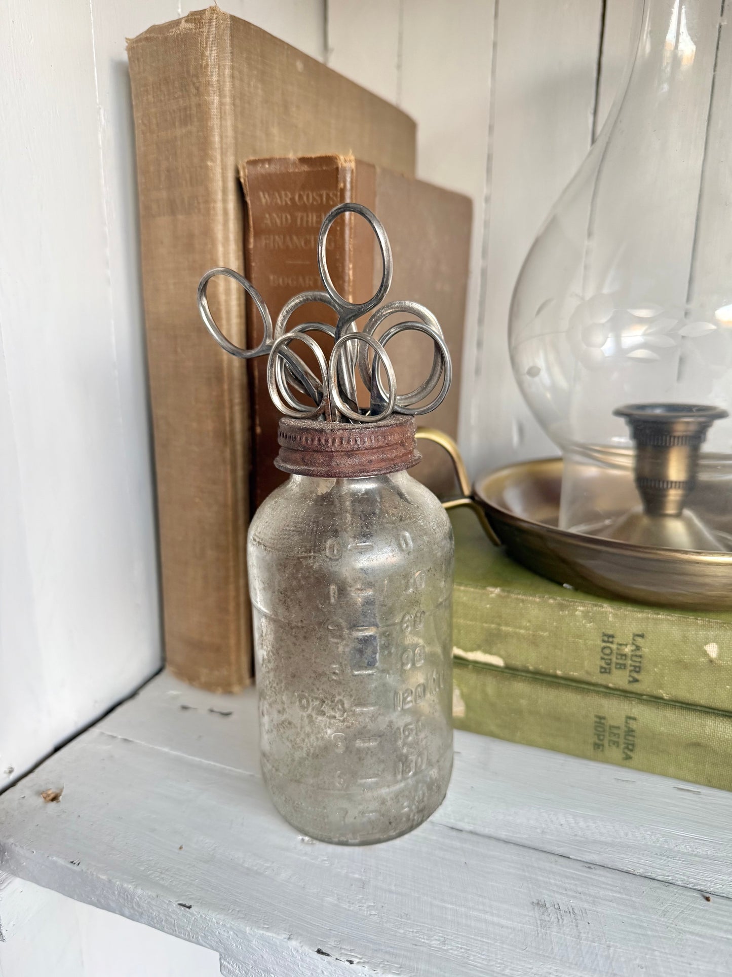 Old Small Jar w/ Vtg. Sewing Scissors
