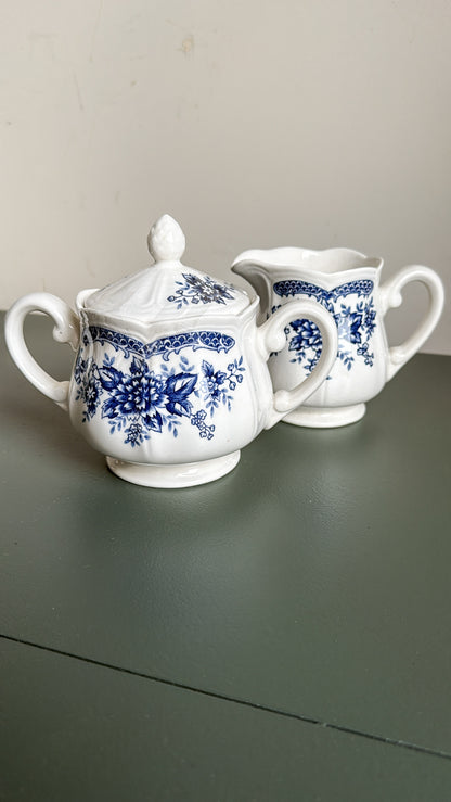 Blue Carnation Ironstone Creamer + Sugar