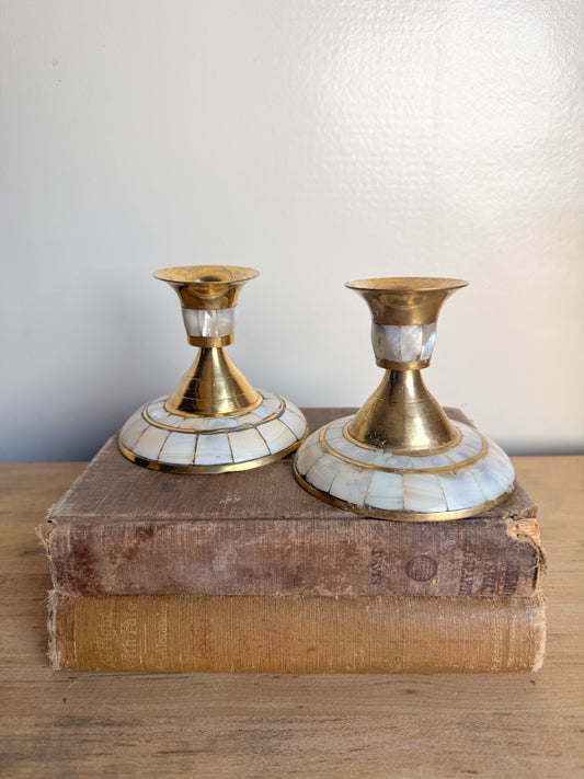 Pair of Pearl Base Brass Candleholders
