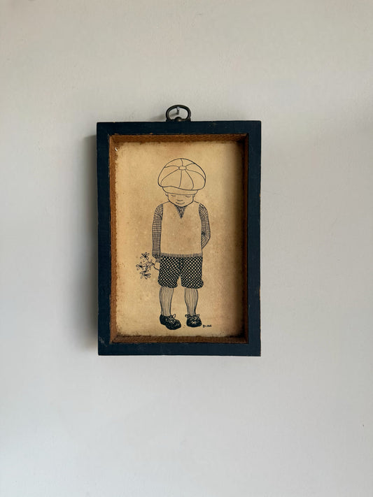 Vintage Boy with Flowers Sketch Print