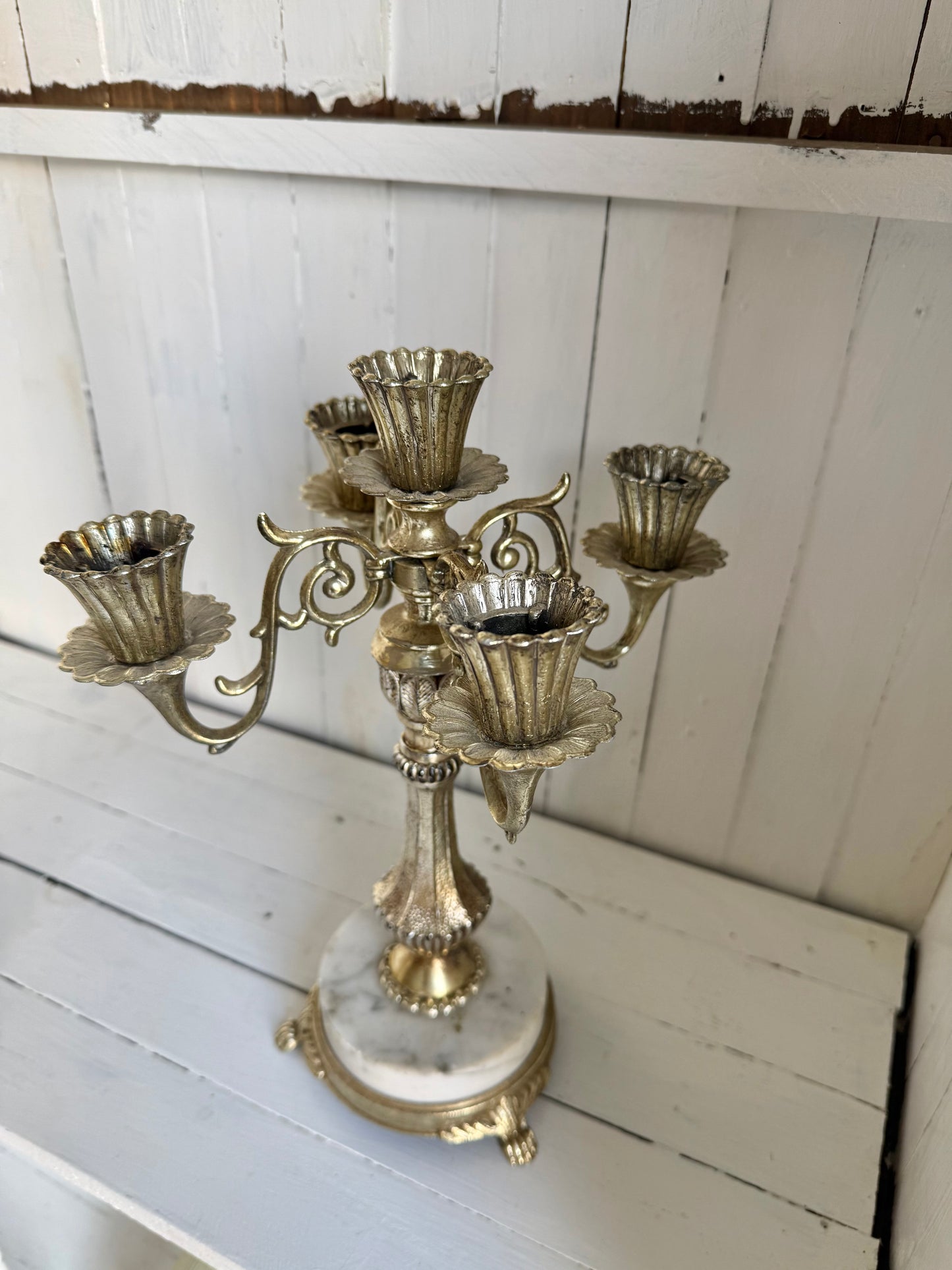 Vtg. Pewter Candelabra w/ Marble Base