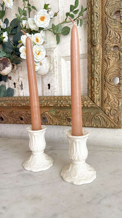 Pair of Ivory Embossed Porcelain Candlestick Holders