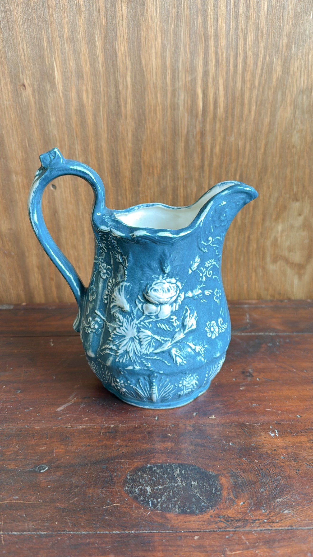 Vintage Blue Ceramic Floral Pitcher