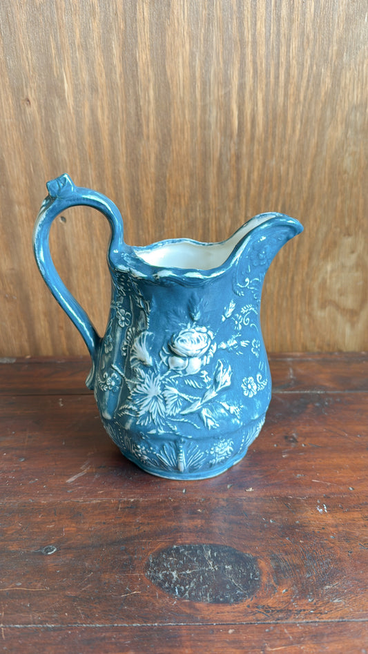 Vintage Blue Ceramic Floral Pitcher