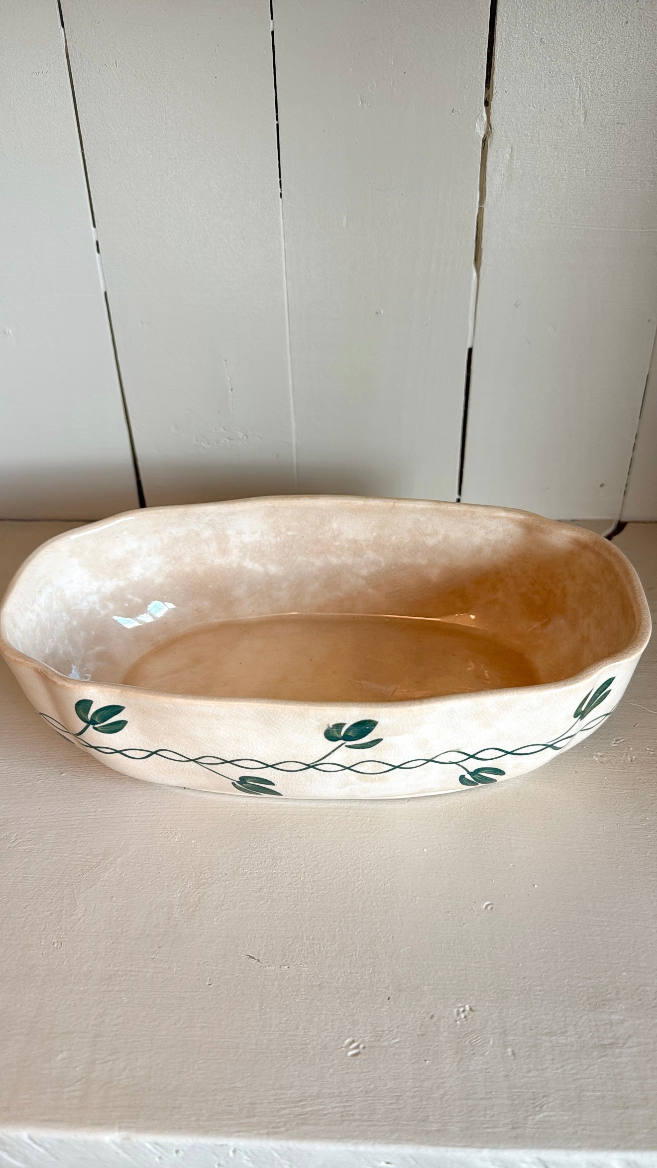 Vintage Crazed Planter w/ Green Floral Detail