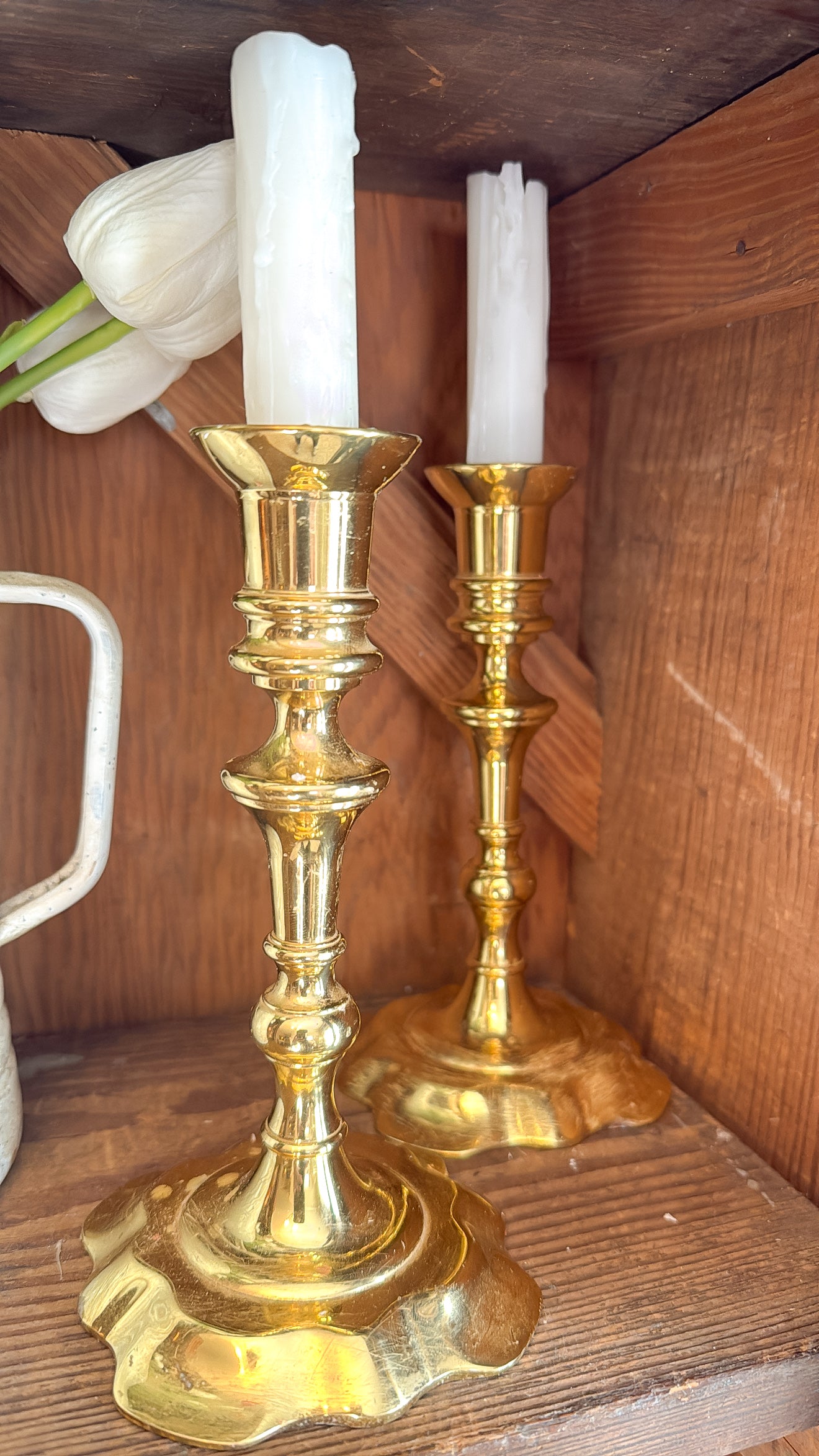 Pair of Brass Candlesticks w/ Scalloped Base