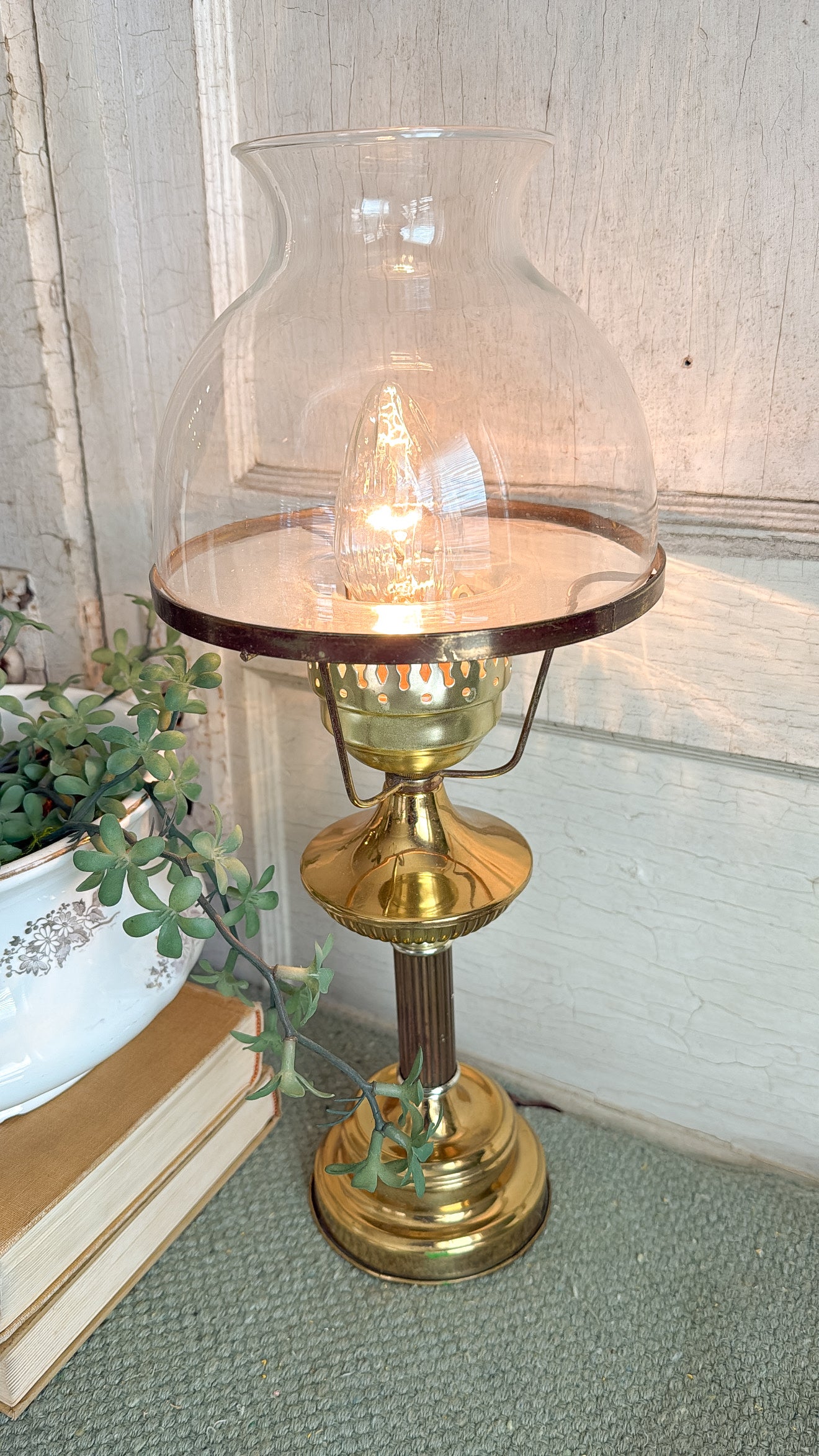 Vint. Brass & Glass Hurricane Lamp