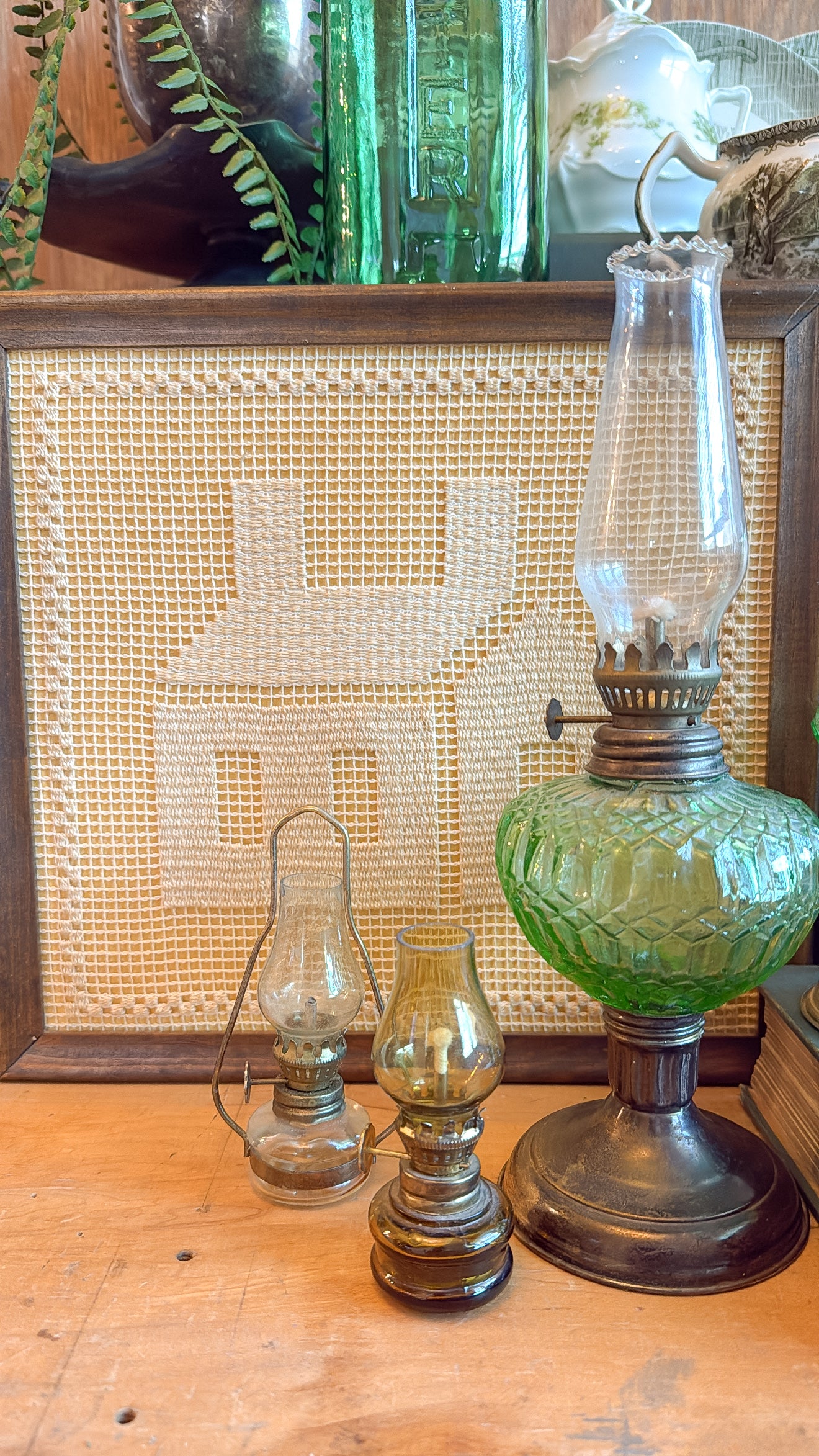 11.5” Vintage Green Oil Lamp