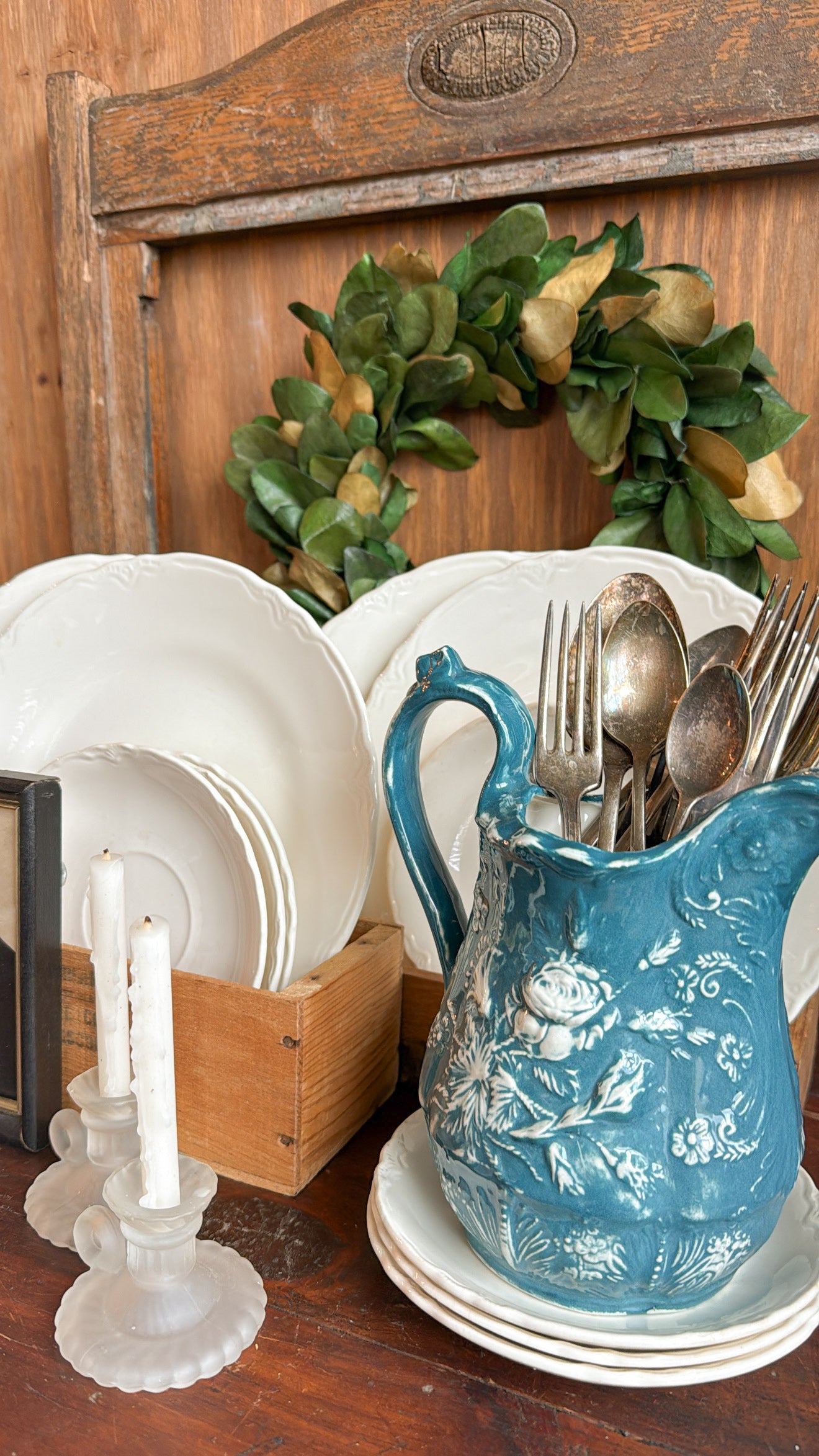 Vintage Blue Ceramic Floral Pitcher