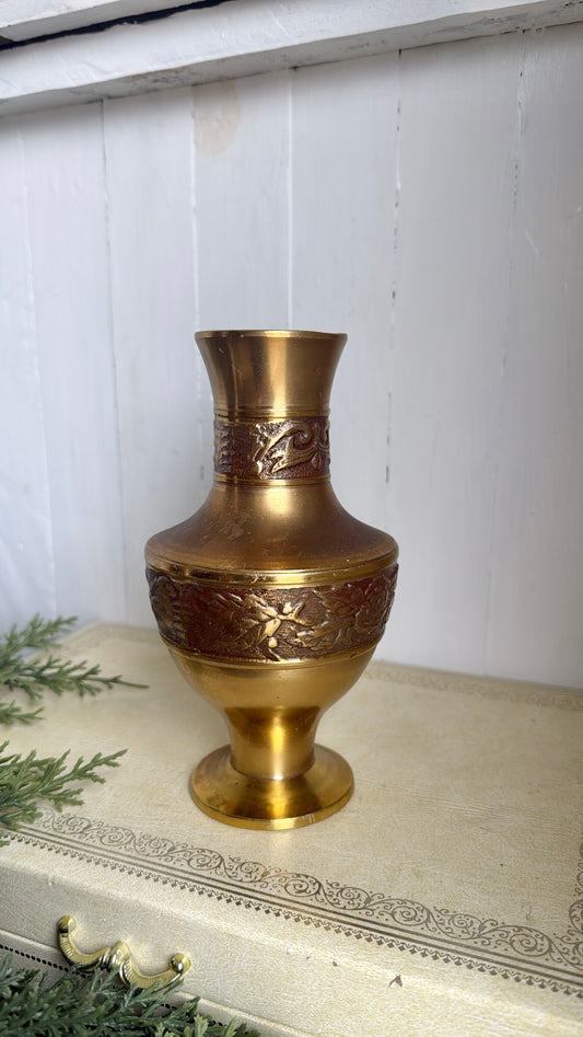 7” Tall Brass Etched Vase