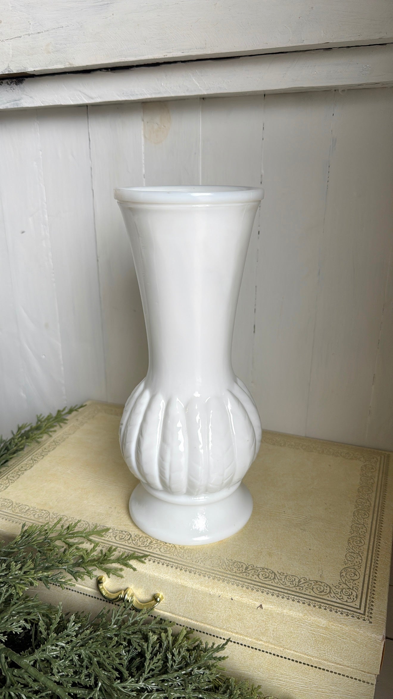 9” Tall Fluted Milk Glass Flower Vase