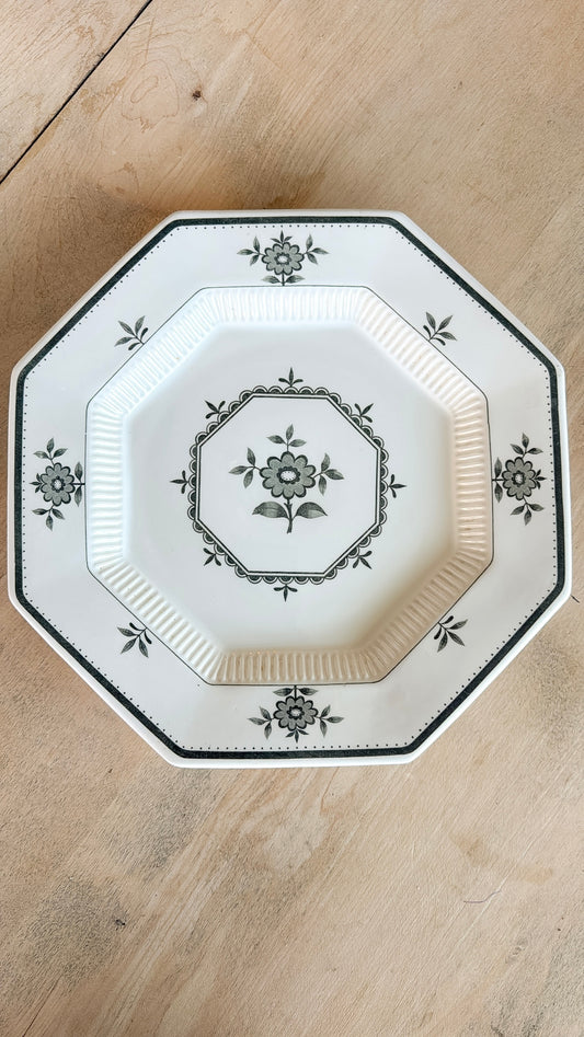 10.5” Green Octagonal Floral Ironstone Plate
