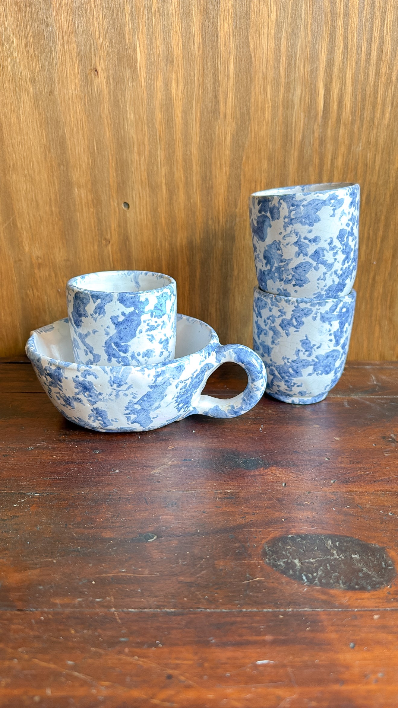 Set of 4 Blue Sponge-ware Pottery